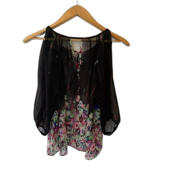 Maeve Anthropologie Black Sheer Multicolored Floral Cold Shoulder Top Size M - Picture 4 of 13